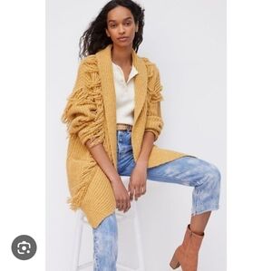 Anthropologie Fringed Mustard Sweater Cardigan S XS